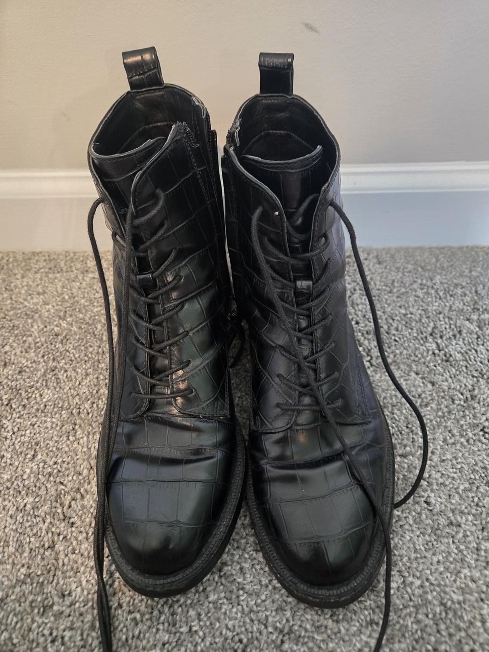 Sam Edelman Black Croc-Embossed Lace-Up Combat Boots